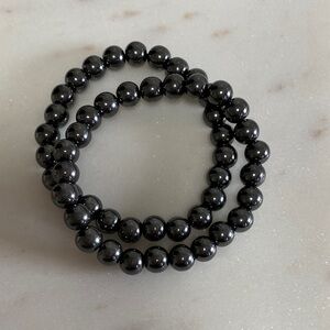 2 Black Hematite Beaded Stretch Bracelet Set